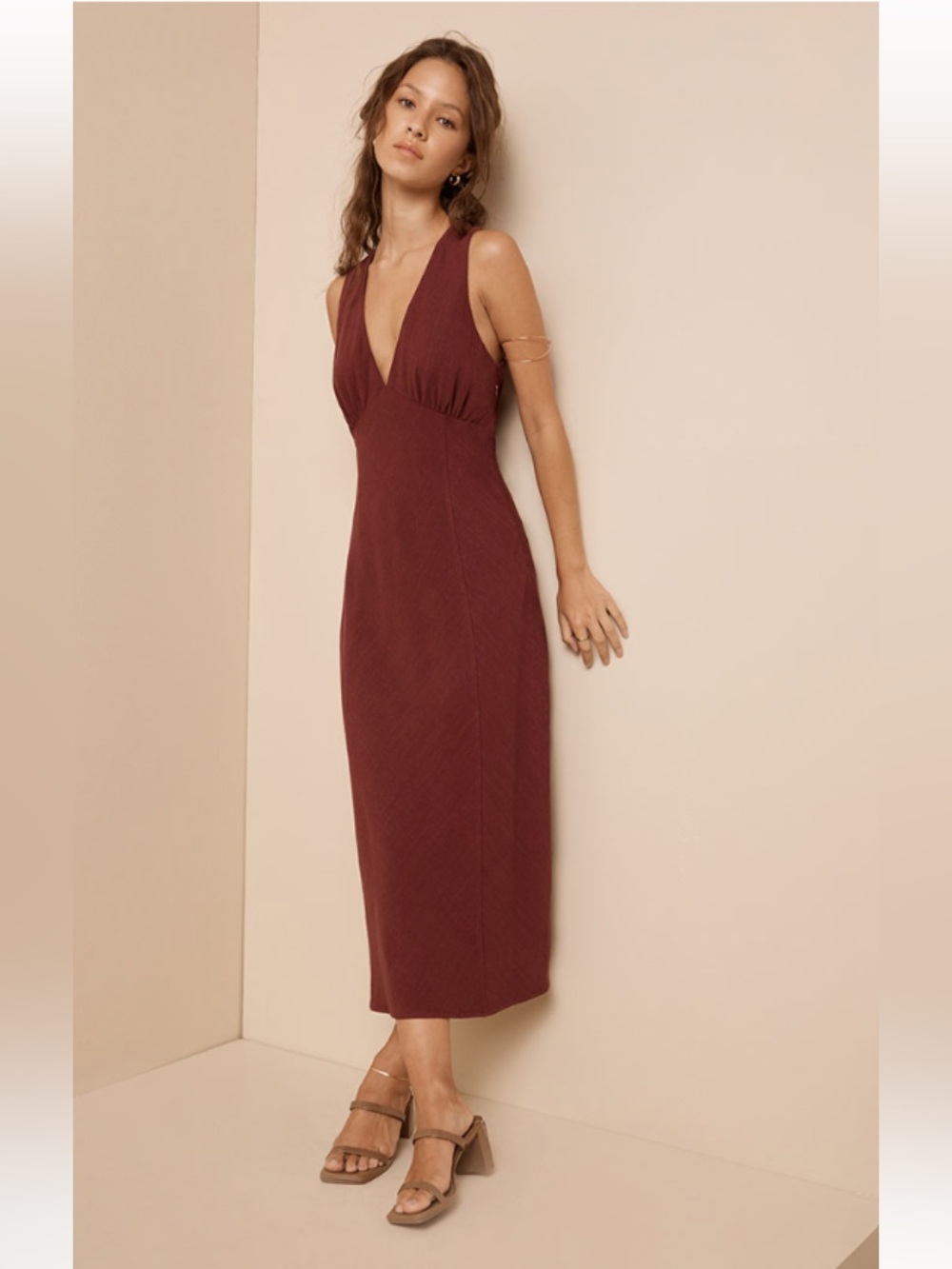 Plunge V-Neck Bias Cut Midi Dress in Burgundy